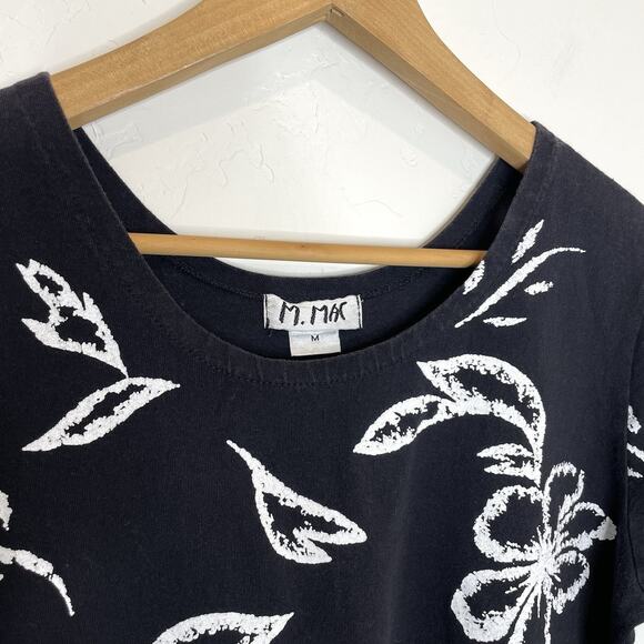 M. Mac Floral Print Shirt Dress Womens Medium Black Short Sleeve Pockets - Picture 3 of 5